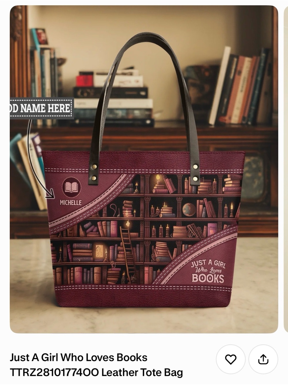 Maroon Leather Tote Bag and Matching Wallet - 'Just A Girl Who Loves Books'